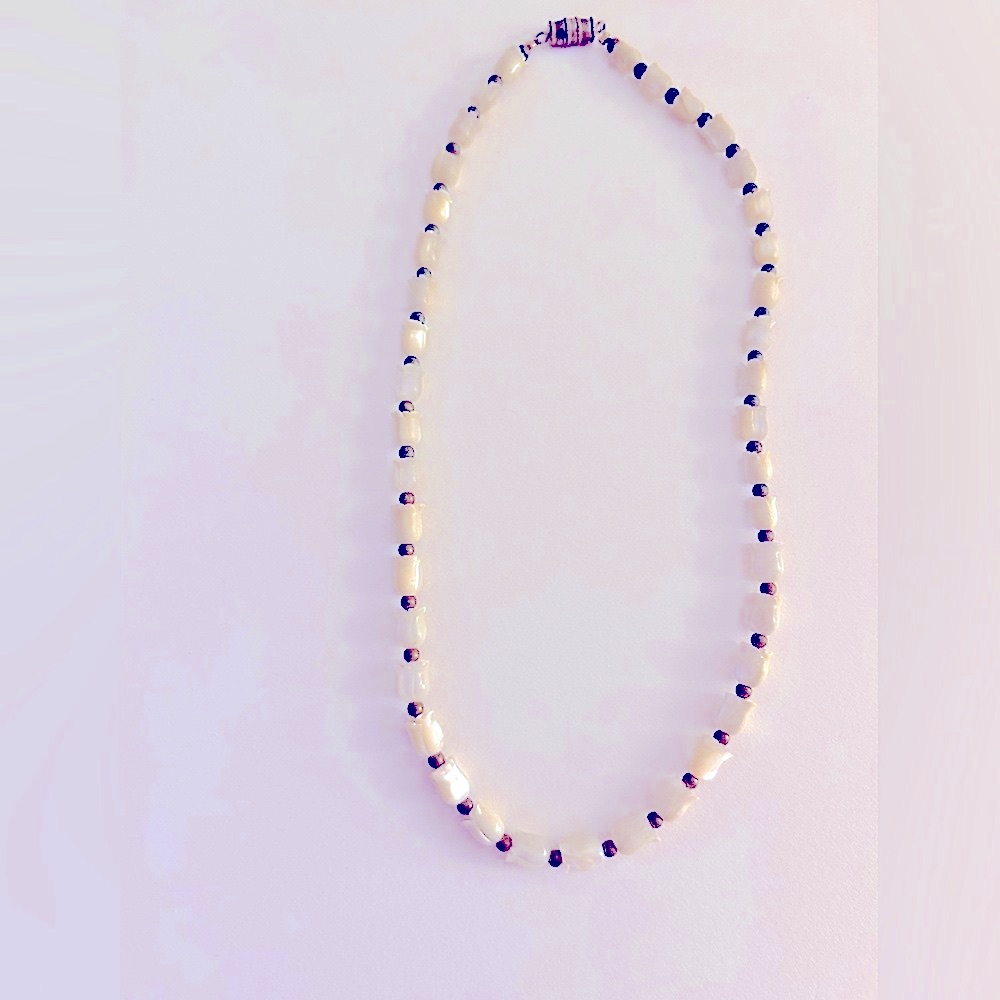 Vintage Necklace Carved Tulips Mother-Of-Pearl White Shell, Spacers 15”